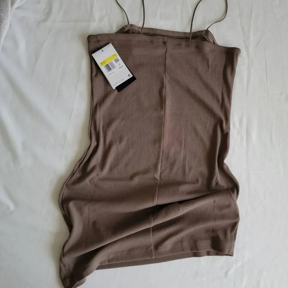 NWT NIKE women's mini-rib stretch tank dress in taupe brown, size small.